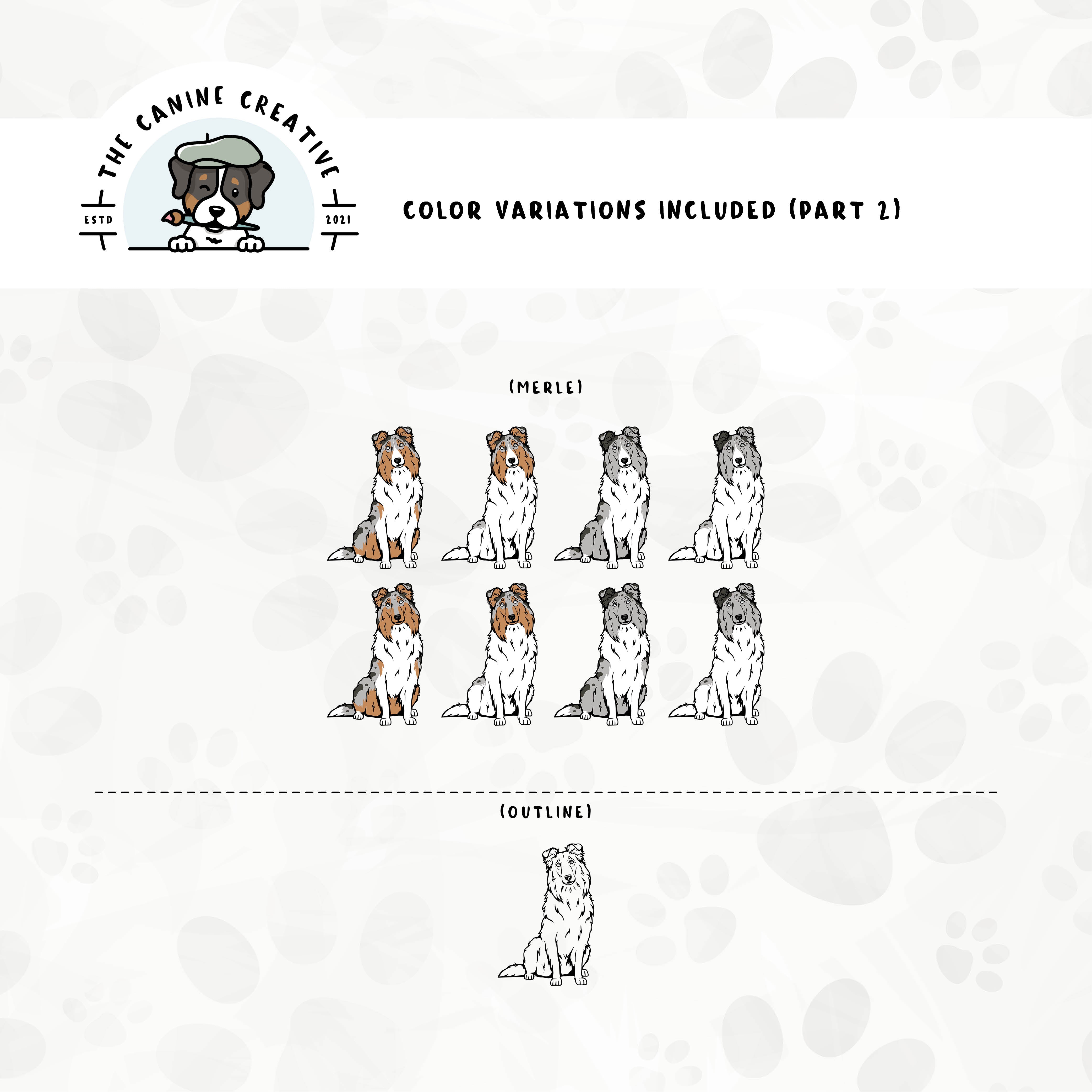 Part 2 of dog color variations for this design bundle includes bi-blue and merle in standard and white-factored markings as well as an outline version.